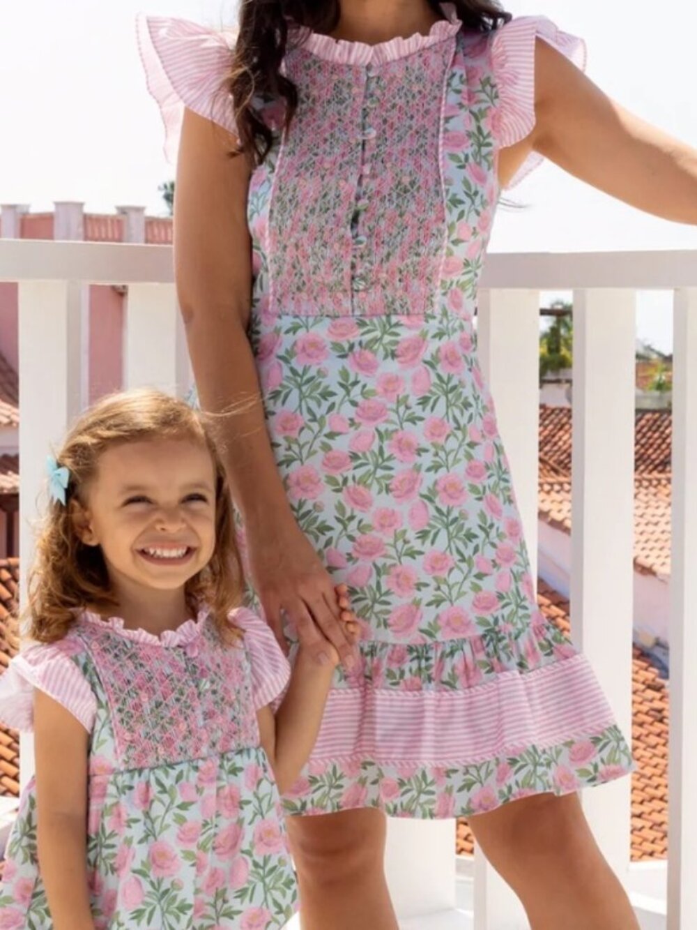 (New) Dondolo – Ruffle Sleeve Smocked Flounce Shorty Cotton Dress (Peony Print)